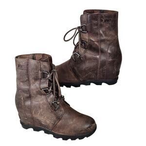 Sorel Joan of Arctic Wedge II Ankle Boots Womens Size 8.5 Brown Nubuck Leather
